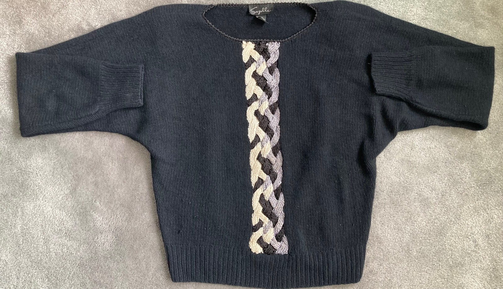 Vintage Suzelle Women’s Black Cable Knit Long Sleeve Pullover Sweater Size L