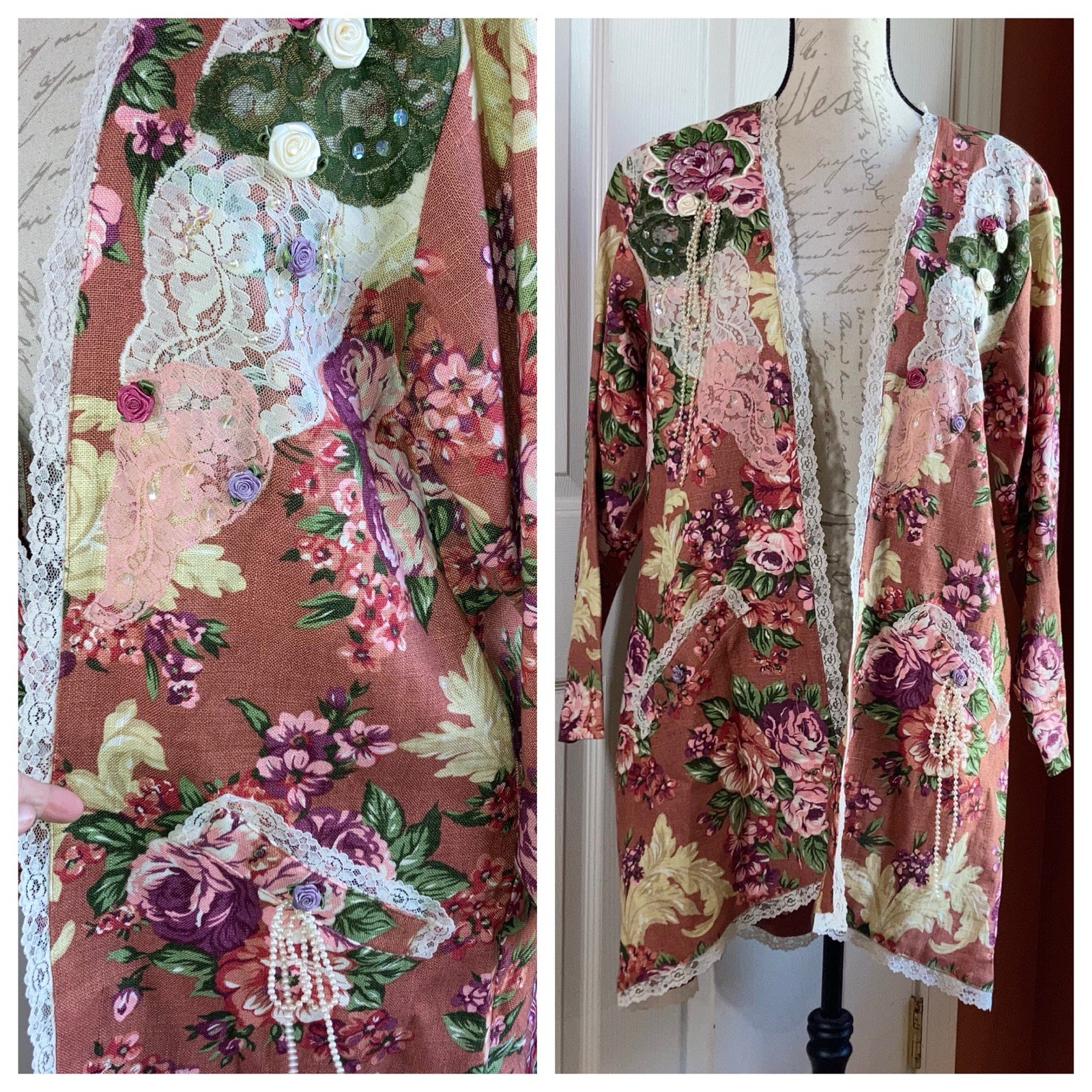 Vintage 90s Lacy Afternoon Floral Lace Beaded Rosettes Duster Lightweight Jacket