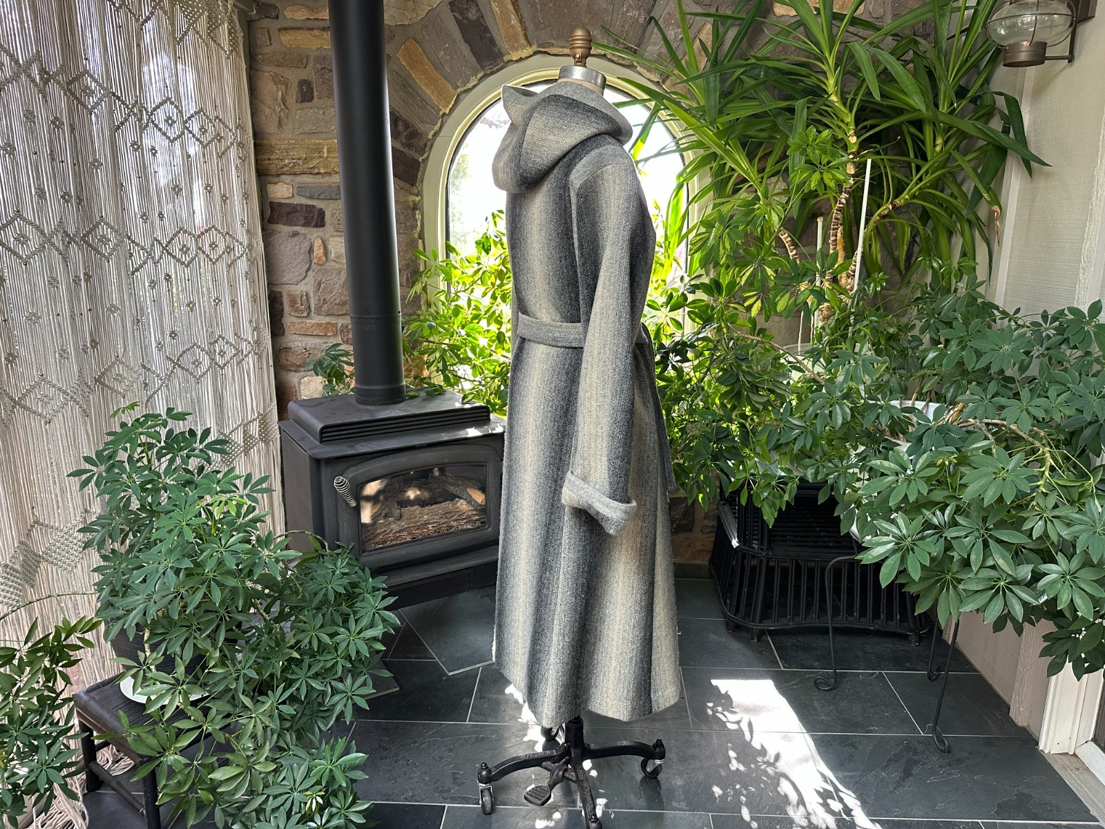 Vintage 1970s Variegated Gray Striped Wool Belted Hooded Coat Casa de Lana