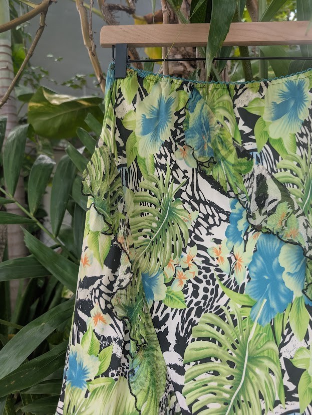 Vintage Silk Midi Skirt Y2K Tropical 10 Floral Animal Print Fairycore ruffle hem