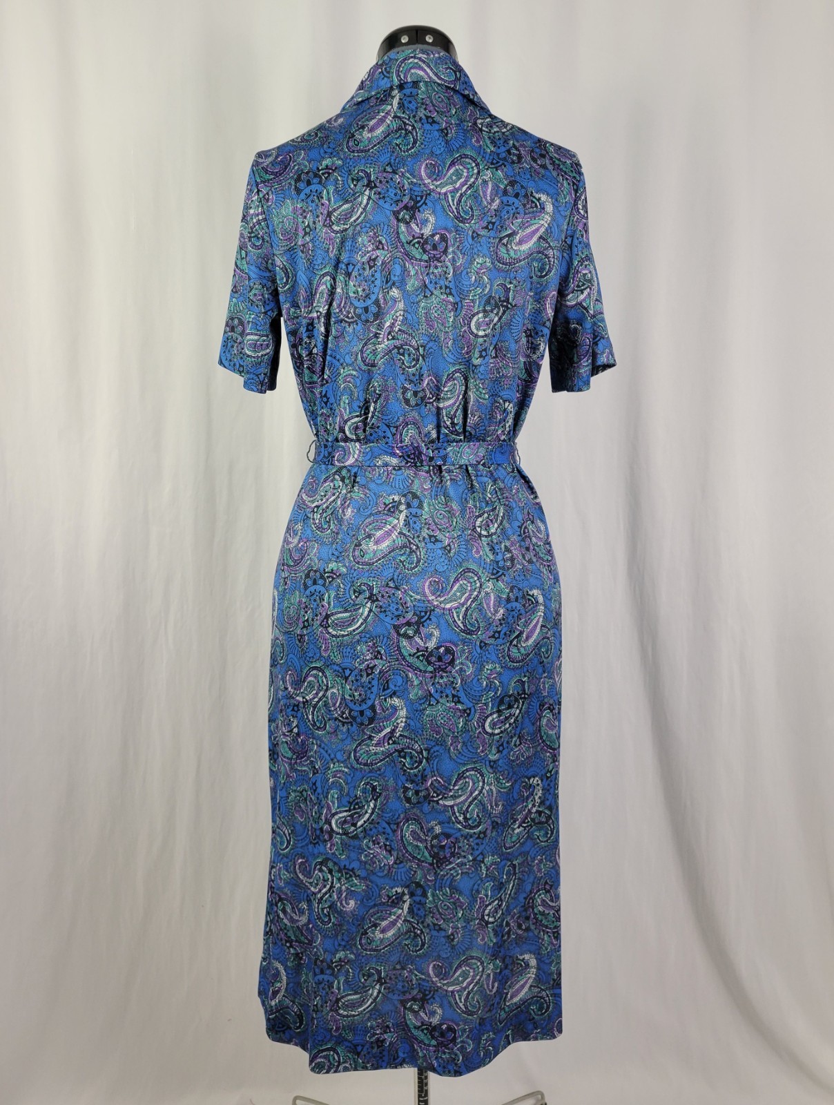 Vintage Ina Carol Blue & Purple Paisley S/S Dress w Matching Tie Belt Size 14