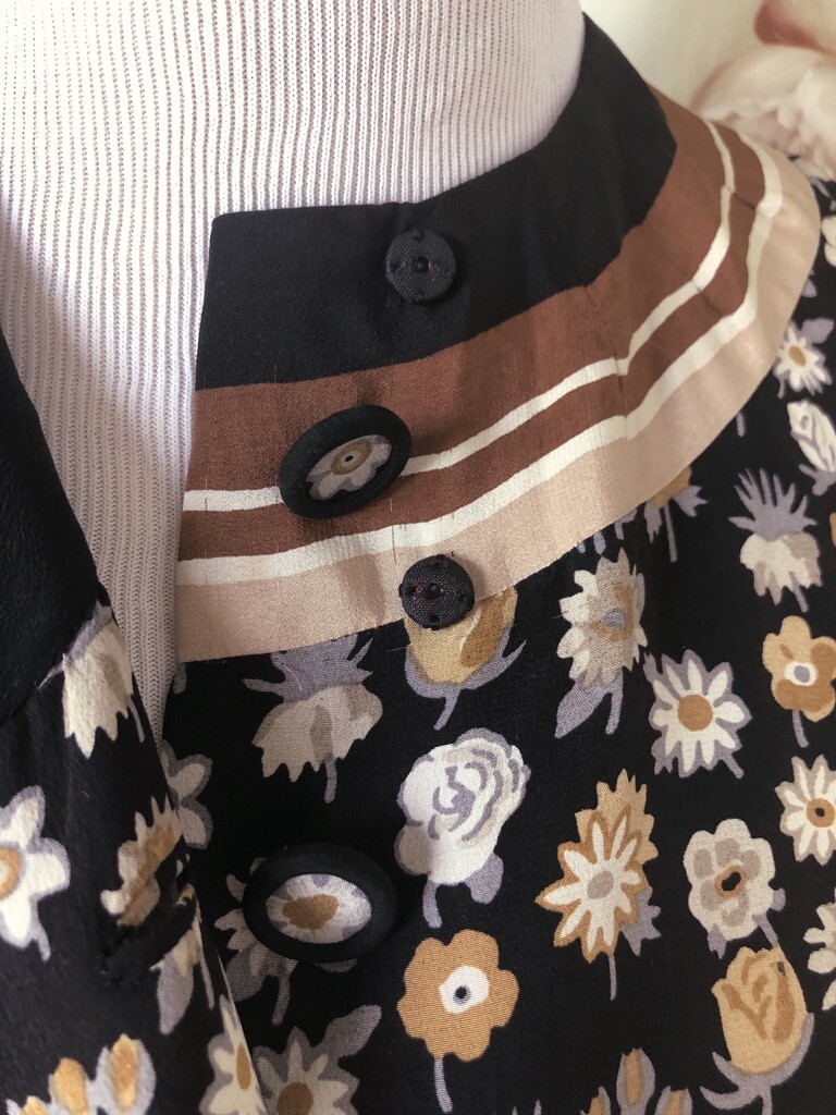 VTG ARNOLD SCAASI 100% SILK MINI DRESS BLACK BROWN FLORAL STRIPE MOD TWIGGY GUC