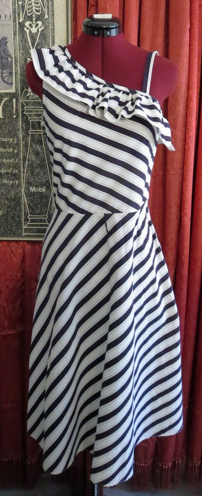 1970s Black and White Striped One Shoulder Dress PV Rich XS/S
