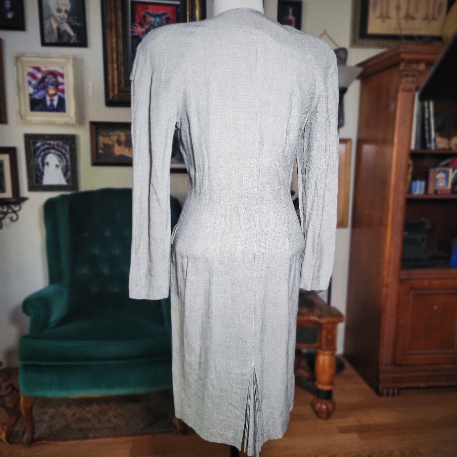 Vintage 80s DB Designs Grey Button Front Power Suit Sheath Dress Shoulder Pads S