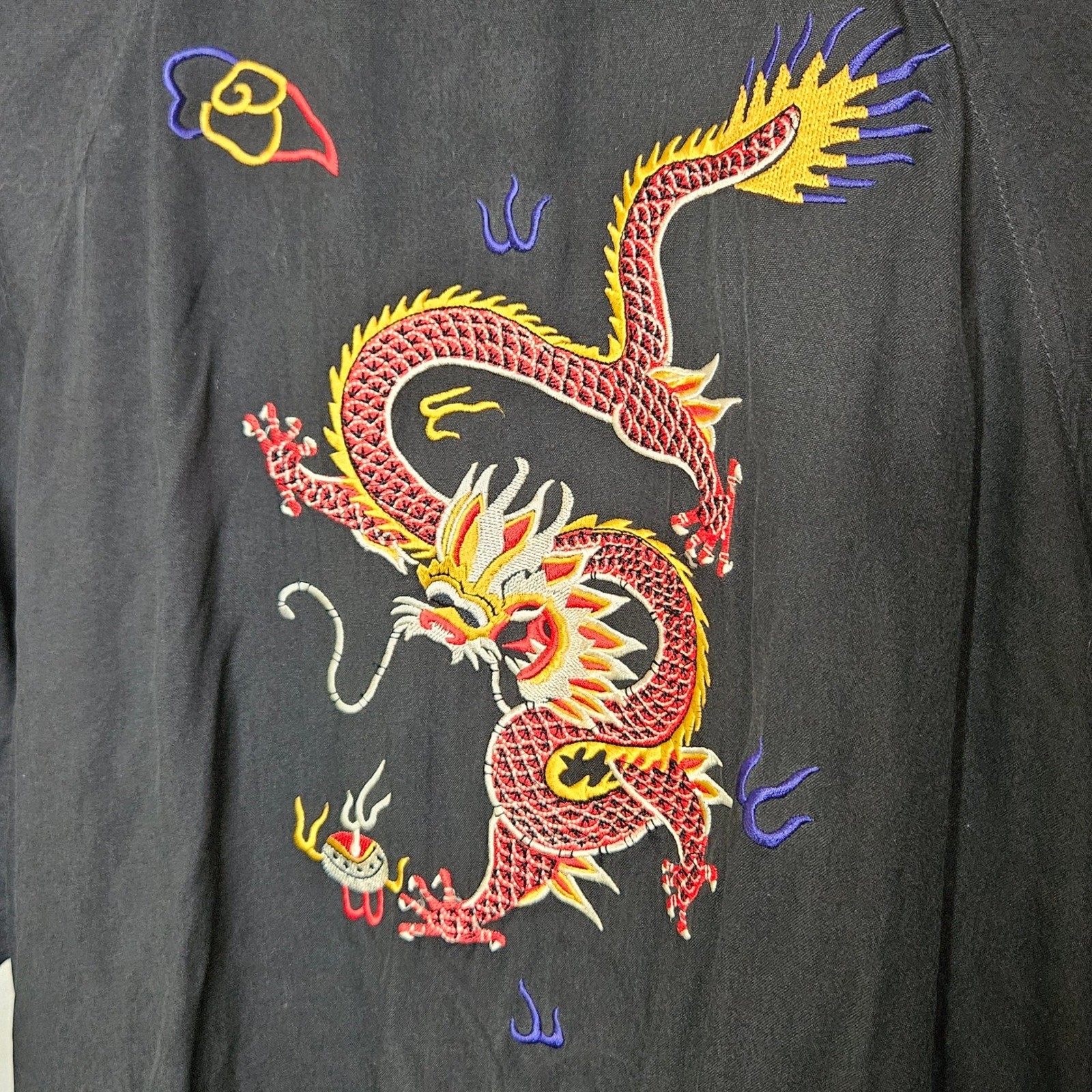 Chicos Design Vintage 100% Silk Dragon Embroidered Bomber Jacket Black Size 1
