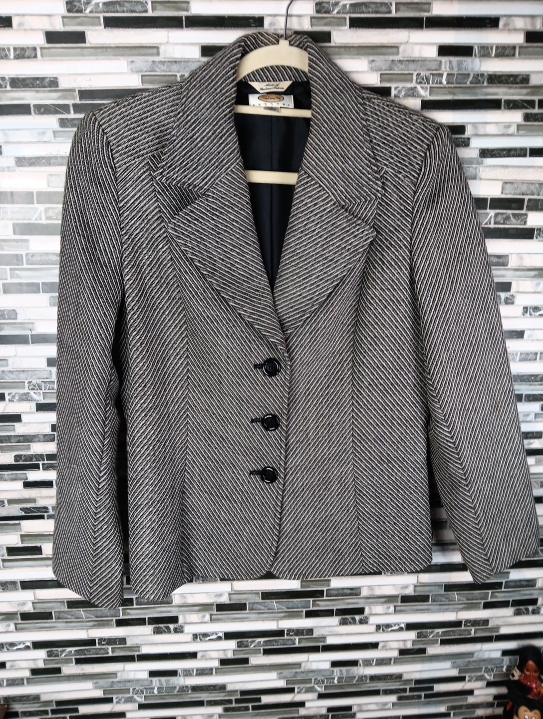 Wool Blazer Women’s 8 Gray Black Tweed Striped Italian Career Jacket Old Money