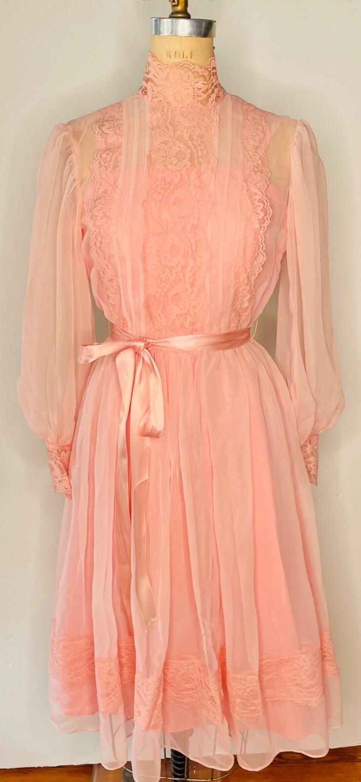 LOVELY!!VTG COTTAGECORE LOLITA COQUETTE PEACH PINK LACE&CHIFFON RUFFLED DRESS*XS
