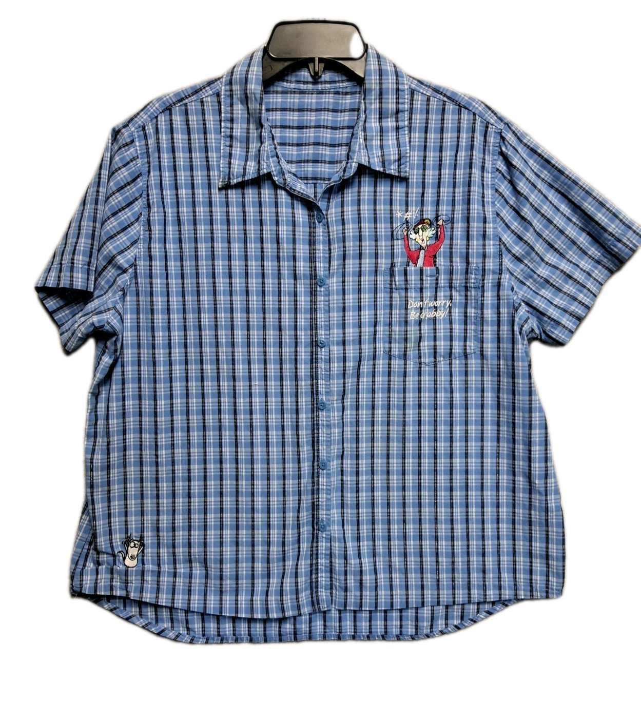 Maxine Plaid Shirt Blue Cotton Embroidered “Don’t Worry Be Crabby” Medium