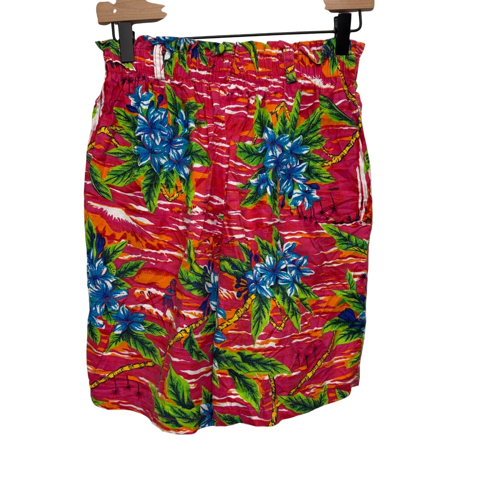 Beverly Hills Blues Vintage Tropical Hawaiian High Waisted Paperbag Shorts Pink