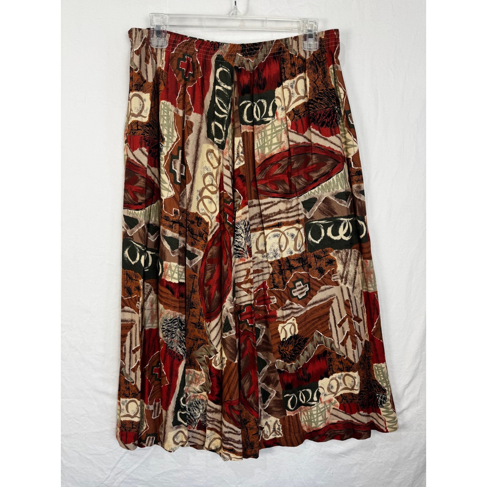 Two Twenty Vintage 90s Rayon Midi Skirt Abstract Geometric Rust Orange Large Art
