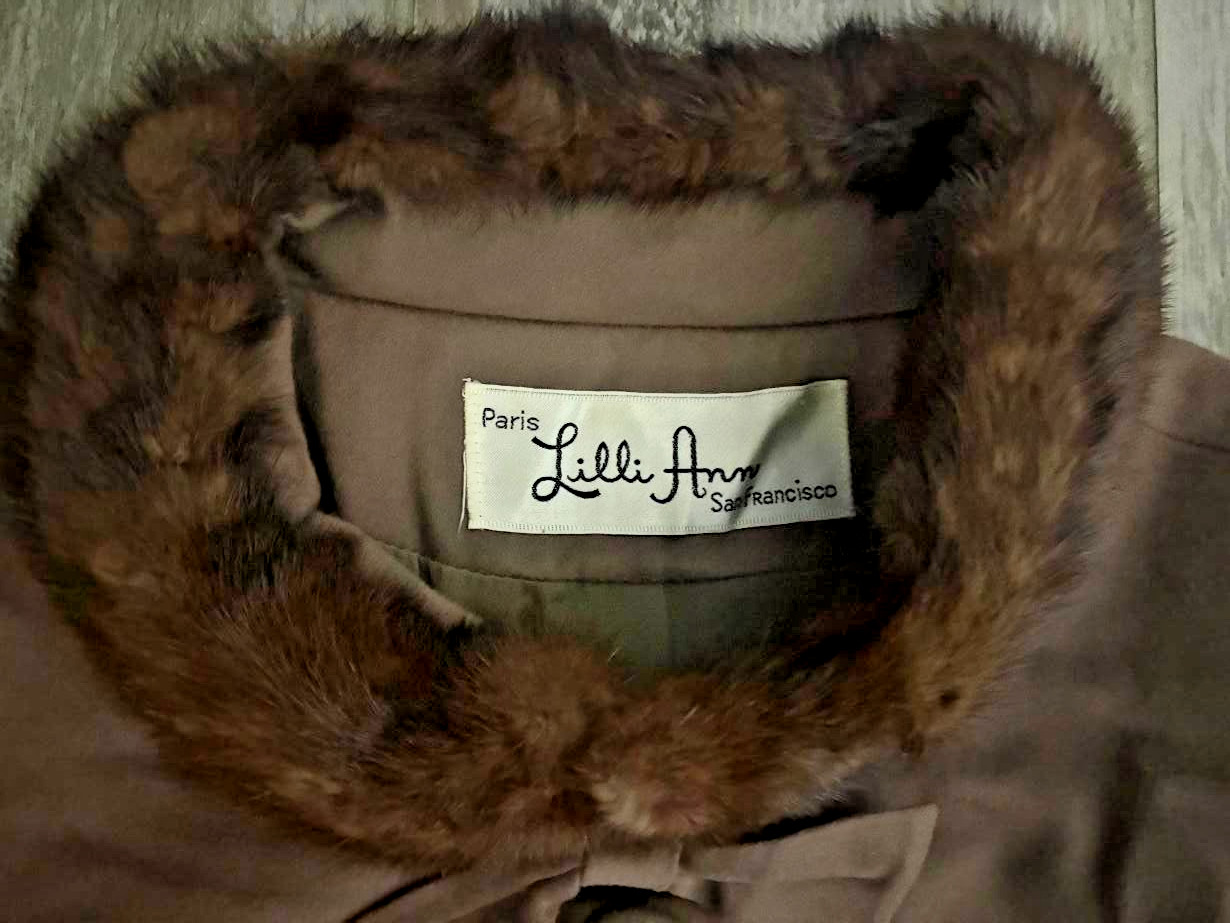 Vintage Lilli Ann Brown Wool Suit Set with Genuine Fur Collar 2 Pc XSmall