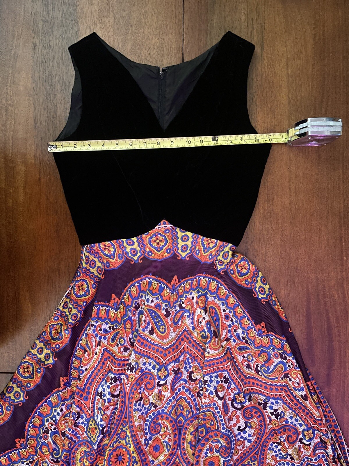 True Vintage 70s Maxi Dress Black Velvet Psychedelic Paisley Groovy XS Handmade