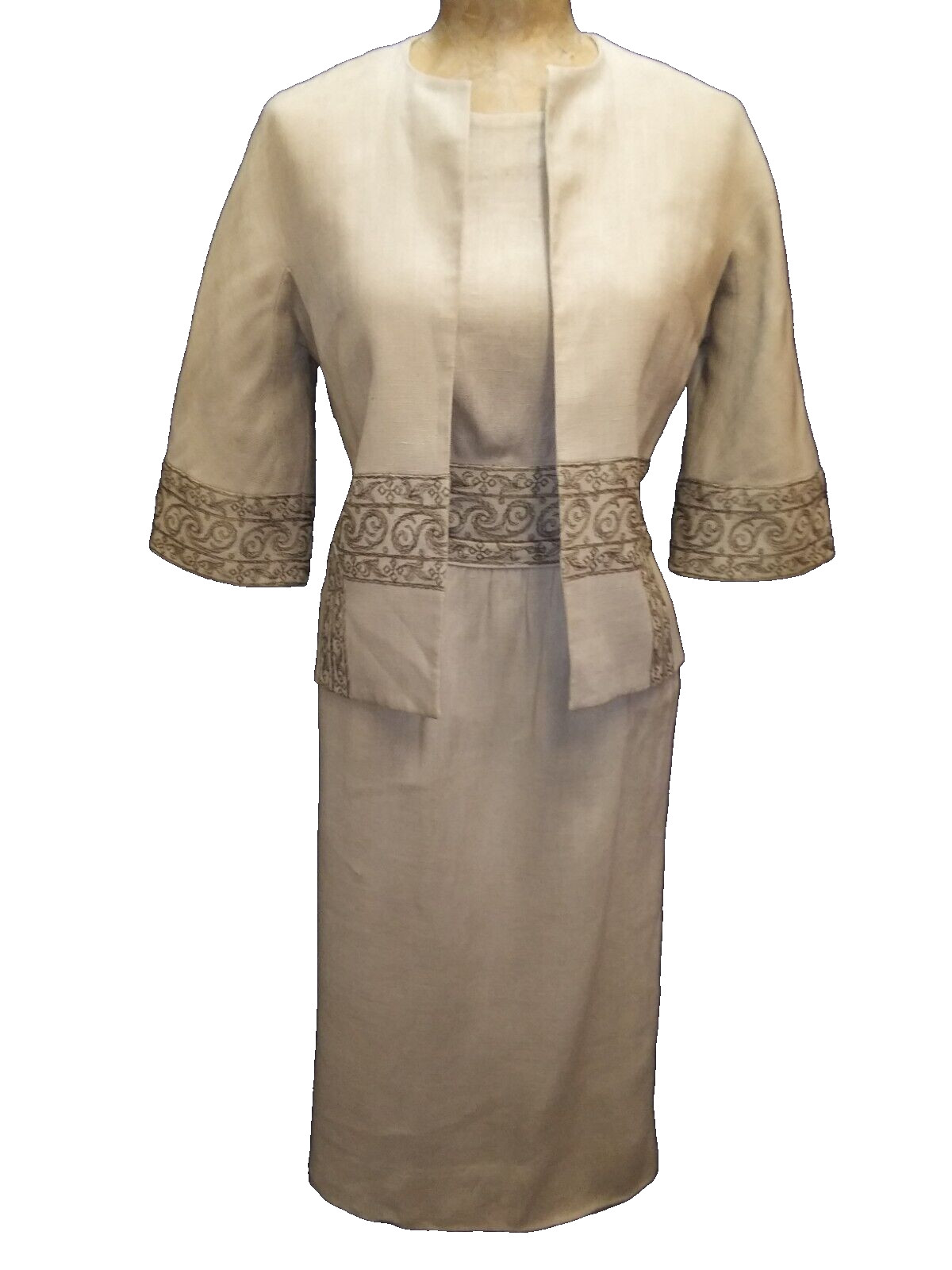 Vintage 1950’s Tan Linen Brown Embroidery Dress & Jacket Carlyle Moygashel S