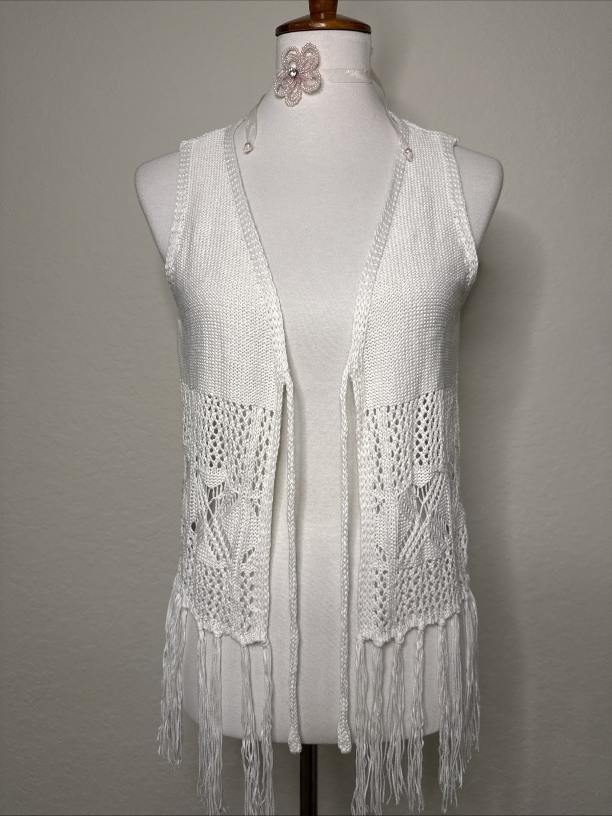 Vintage No comment NY LA Fringe Crochet Vest Hippie Boho Granny Core Size L