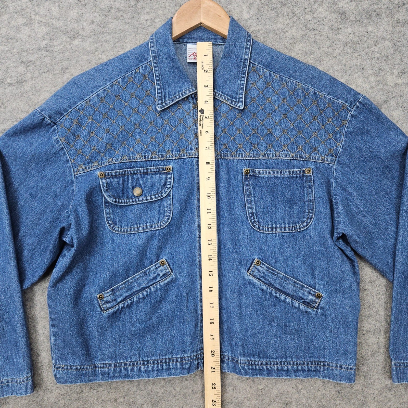 GW Graff Denim Jacket Women’s Blue Vintage Embroidered Snap Front 3/4 Sleeves