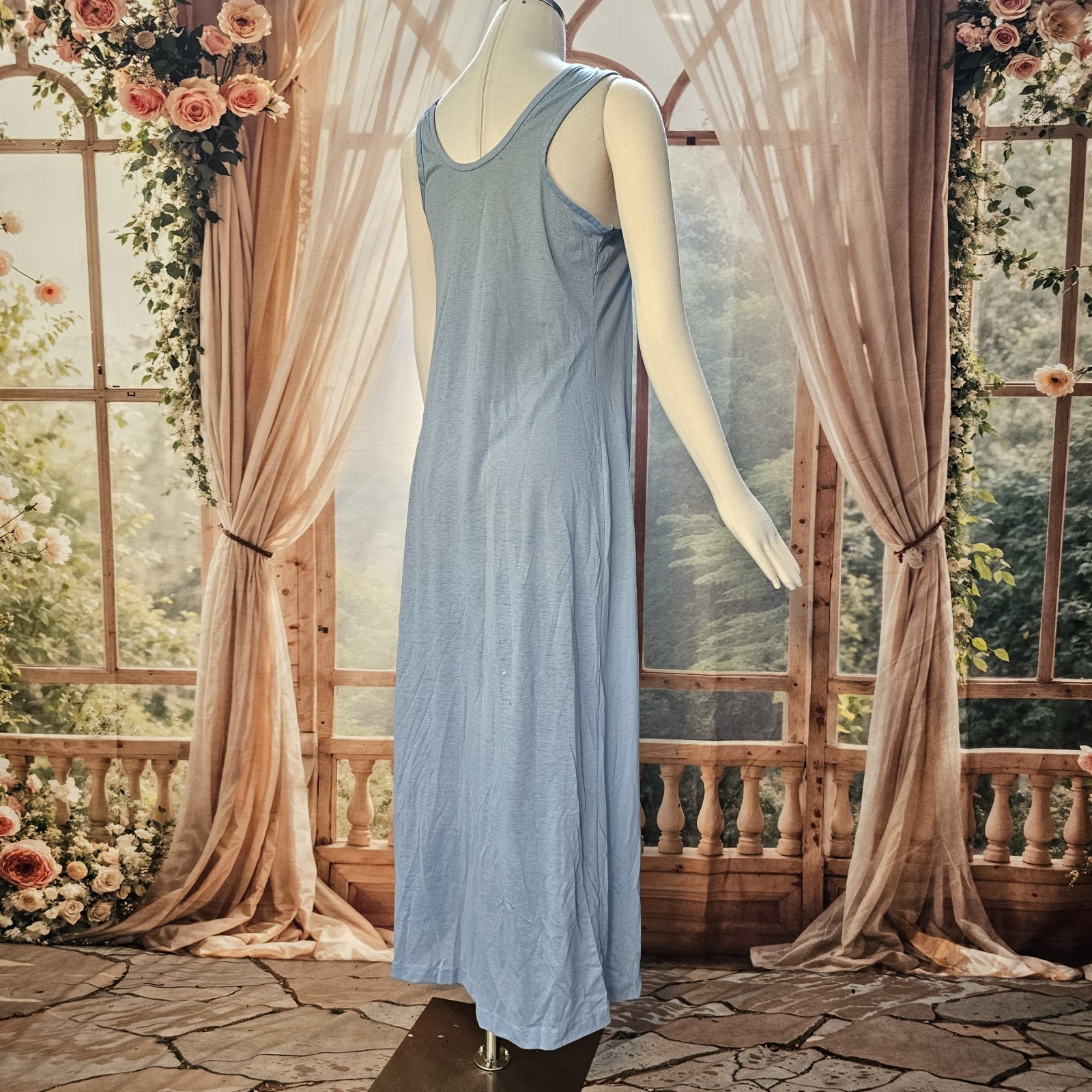 Vintage 1970s Dress Maxi Floor Length Baby Blue Floral Bee Patch Sleeveless Tank