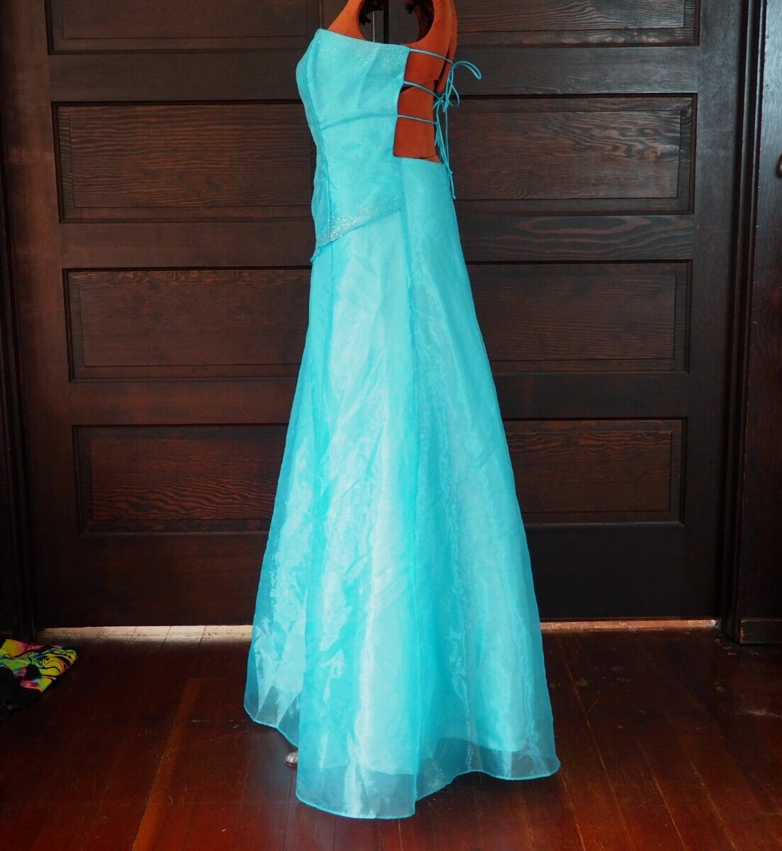 VTG 90s Kiki Turquoise Chiffon Taffeta Sleeveless Glitter Lace Up Gown Dress L
