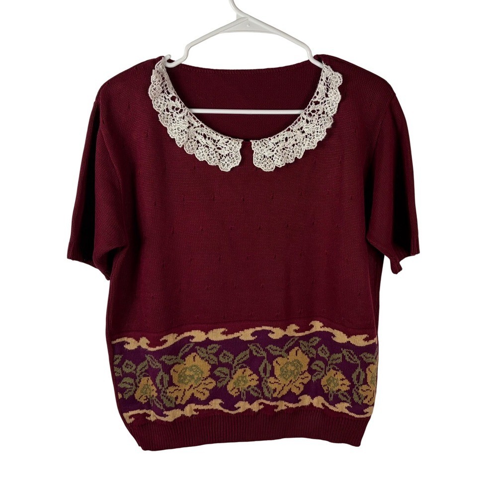 Vintage Burgundy Knit Short Sleeve Sweater Floral Lace Collar Cottagecore Top