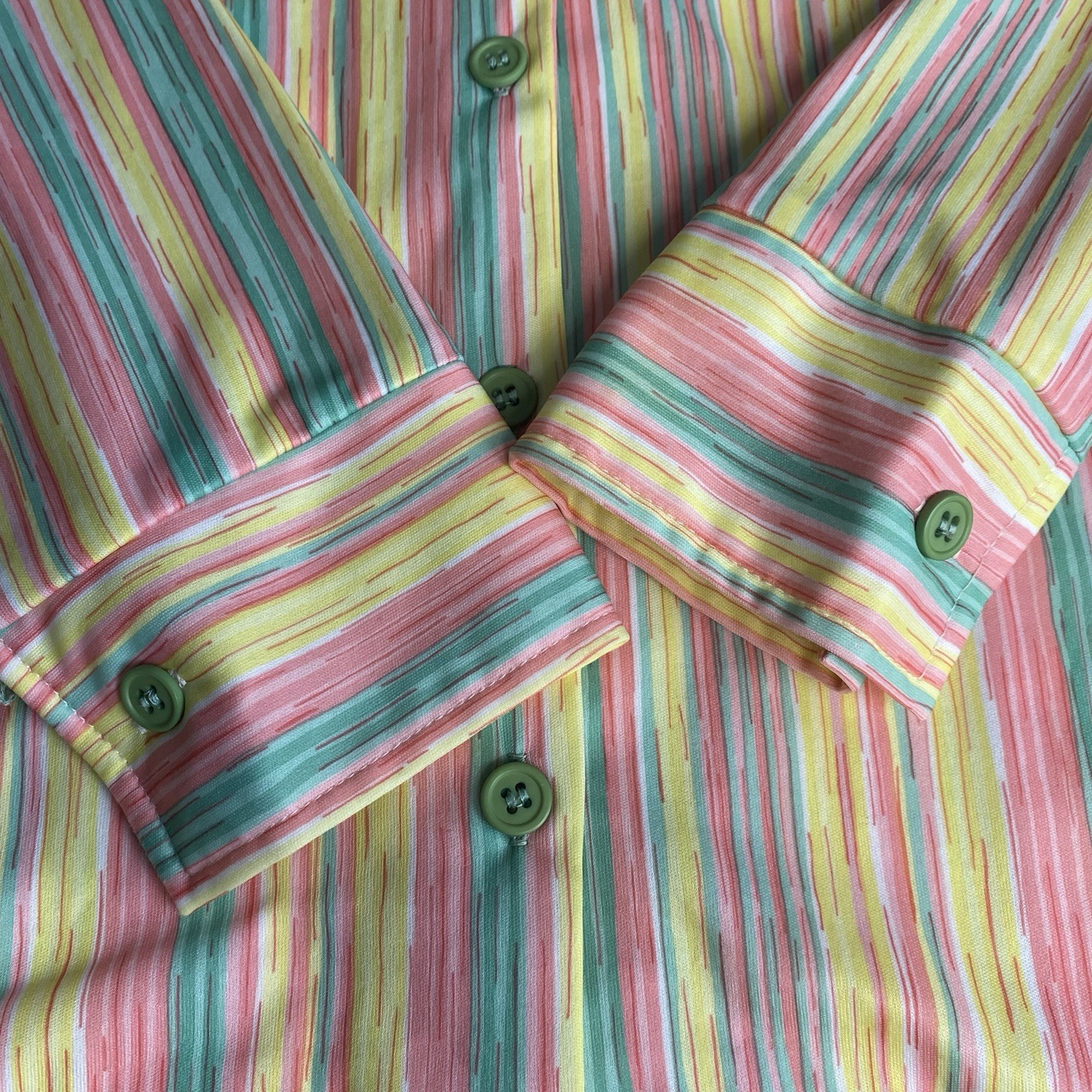 Vintage 70s Center Stage Button Down Shirt Women Medium Yellow Stripe Disco Flaw