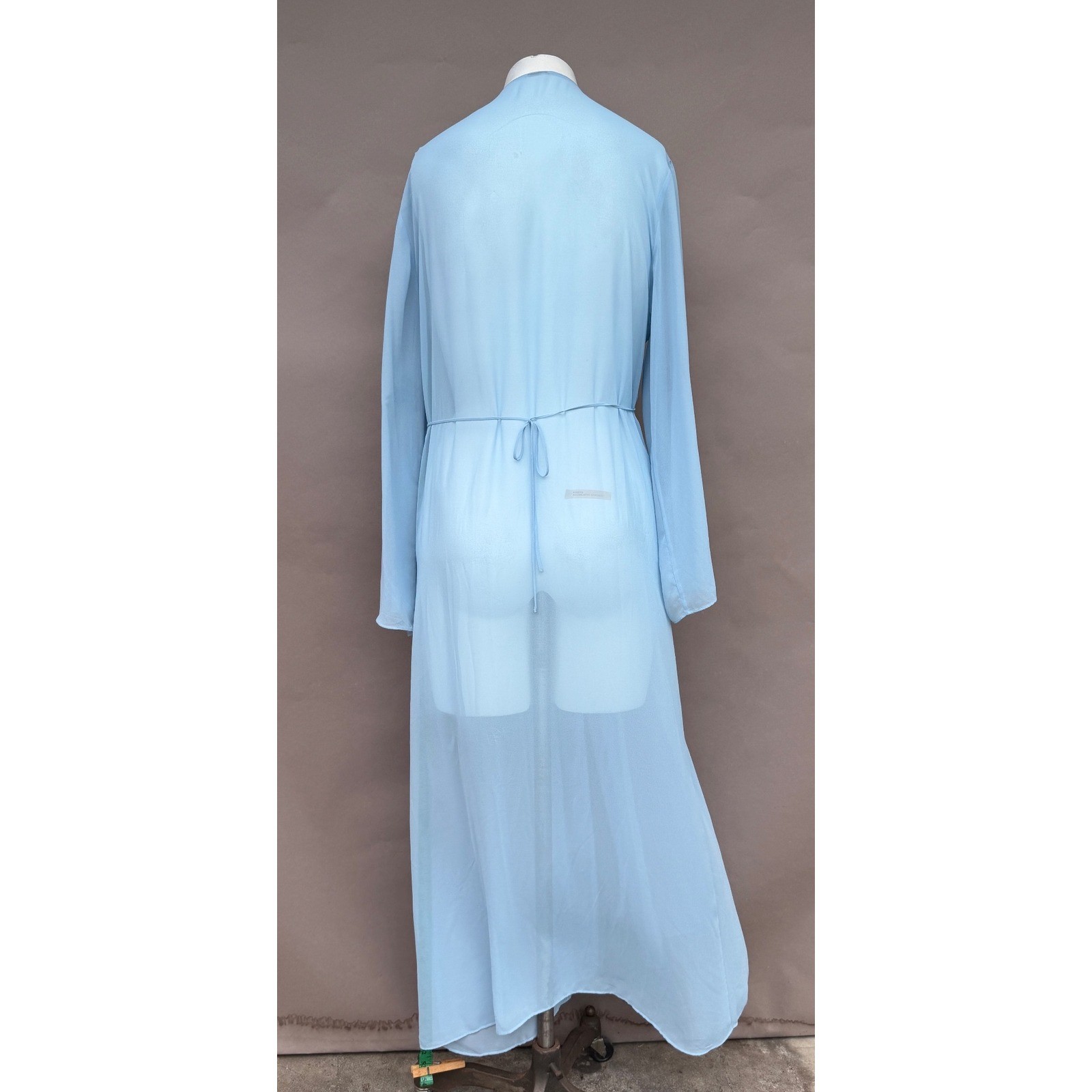 Vintage Blue Sheer Chiffon Maxi Robe Lace Bell Sleeve Button Hollywood Large