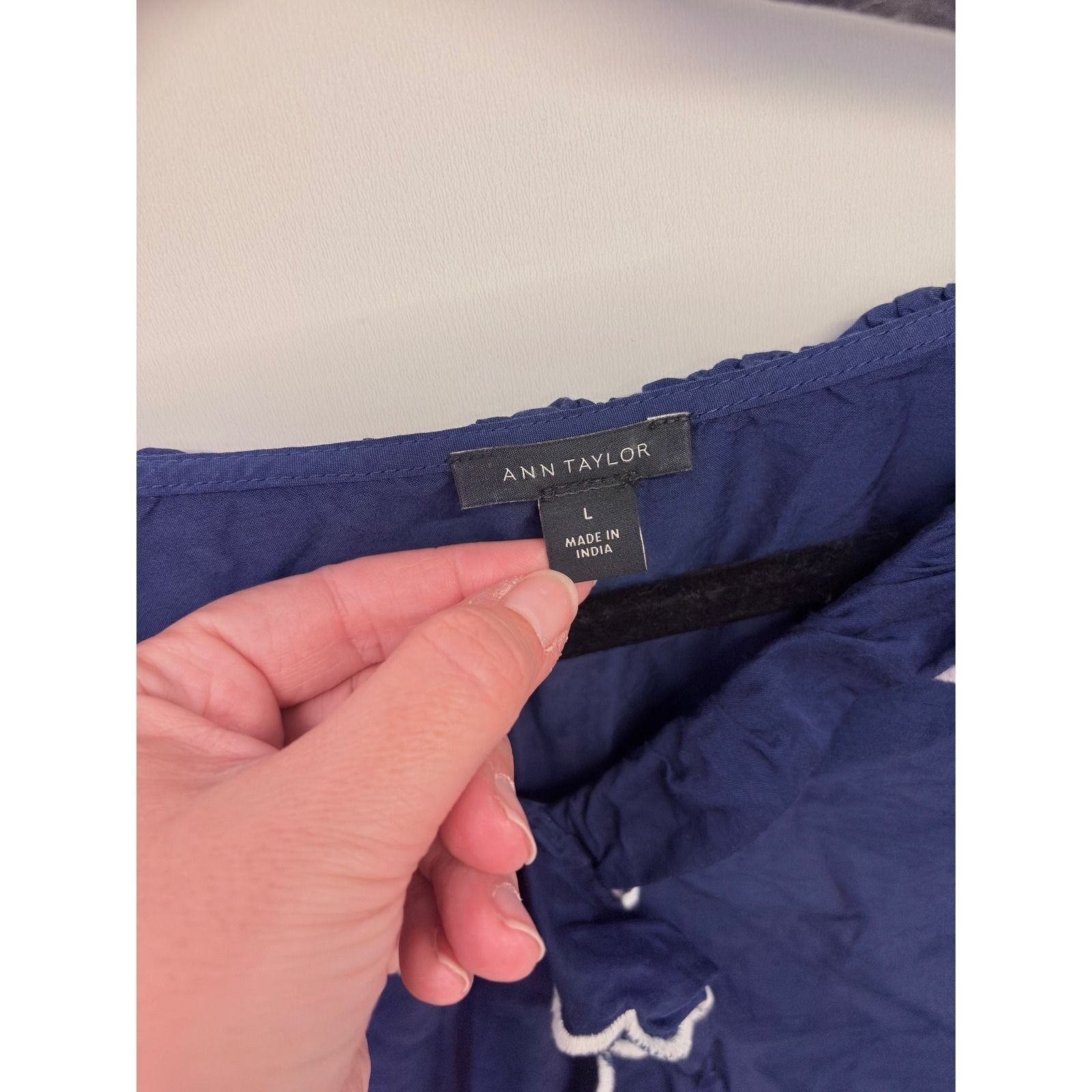 Ann Taylor Cottagecore Blouse Women L Navy Scalloped Smocked Peplum Preppy