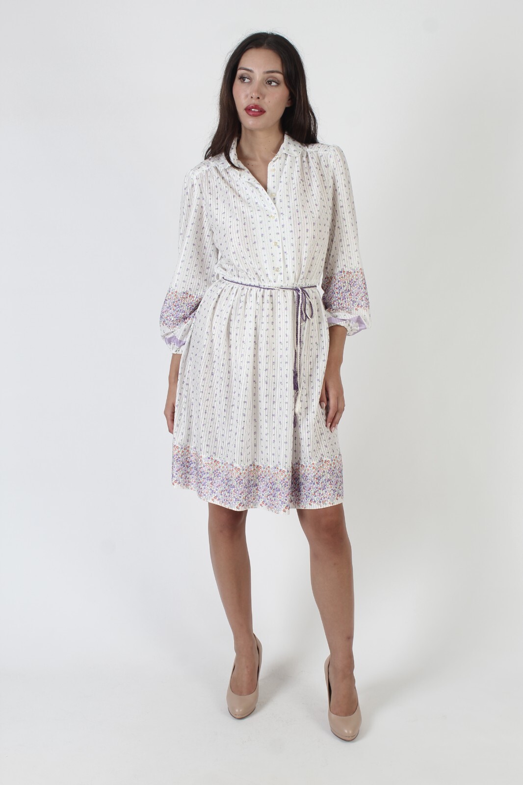 Vtg 70s Floral Sundress Matching Rope Tie Belt Lightweight Casual Sun Mini Dress
