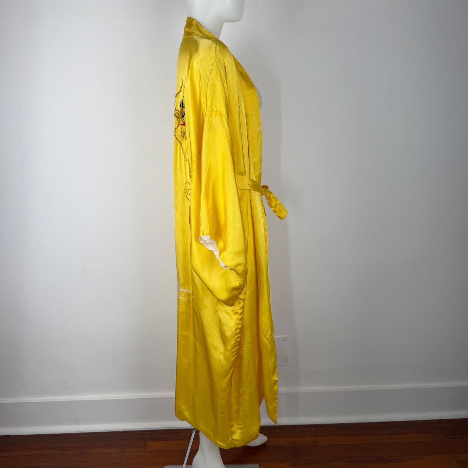 Vintage Yellow Kimono Robe Dragon Gold Metallic Embroidery Long Duster Belt