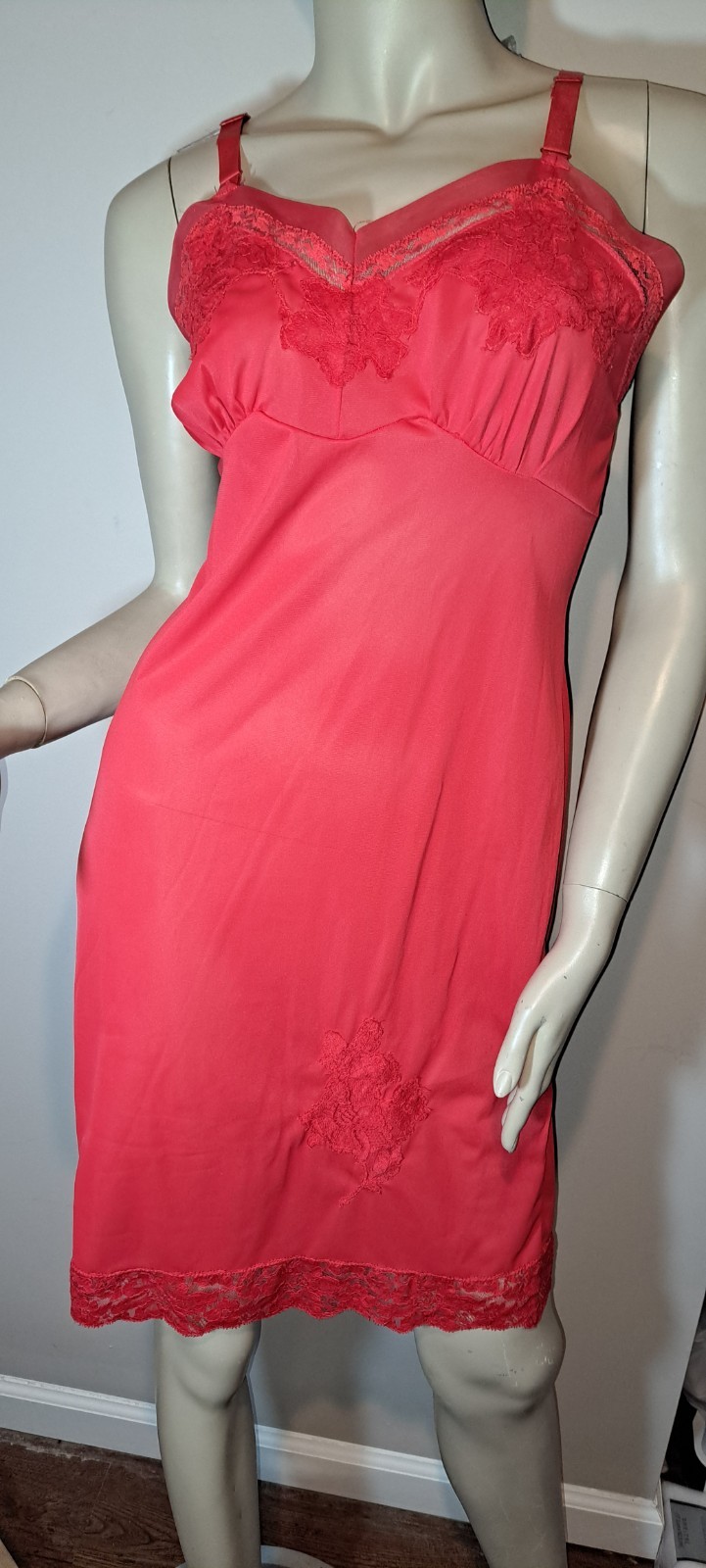 60s Vintage Red Nylon Full Slip Dress Nice Lace Great French Made Lingerie 34