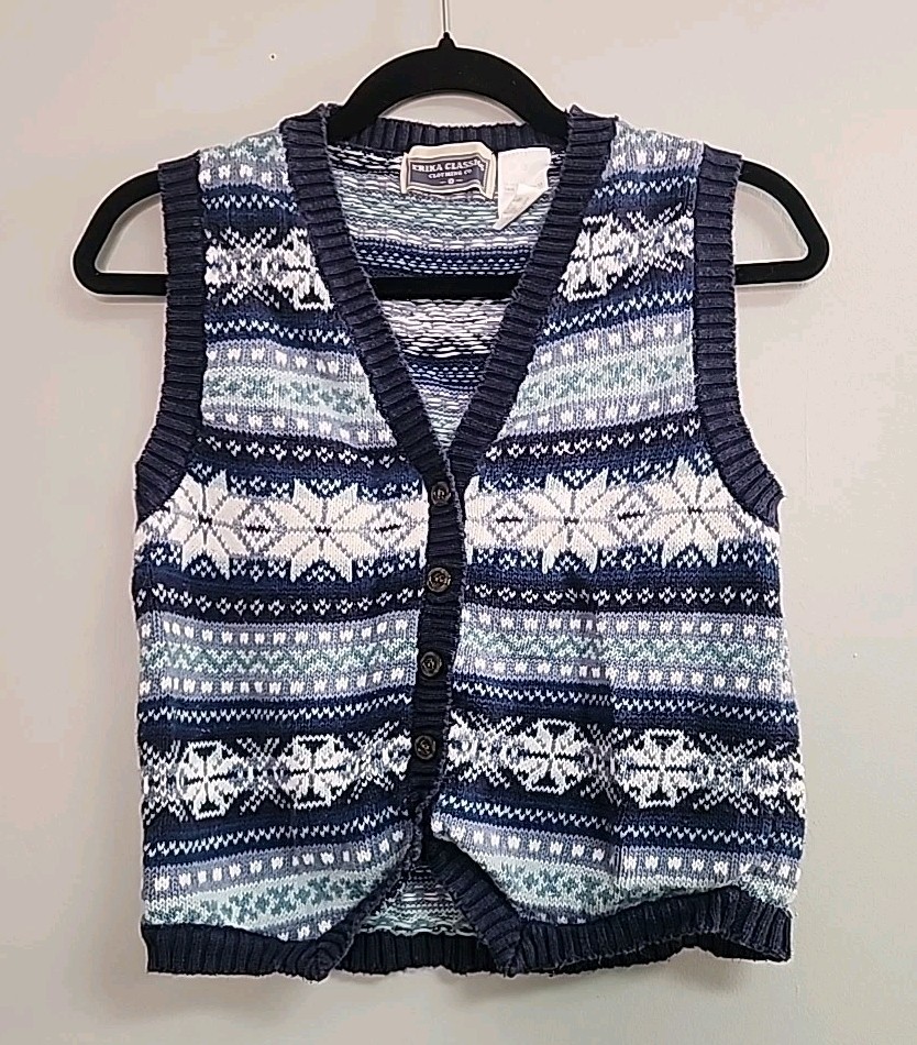 Vintage Erika Classics Women L Blue Fair Isle Knit Vest Y2k 90’s Grandmacore