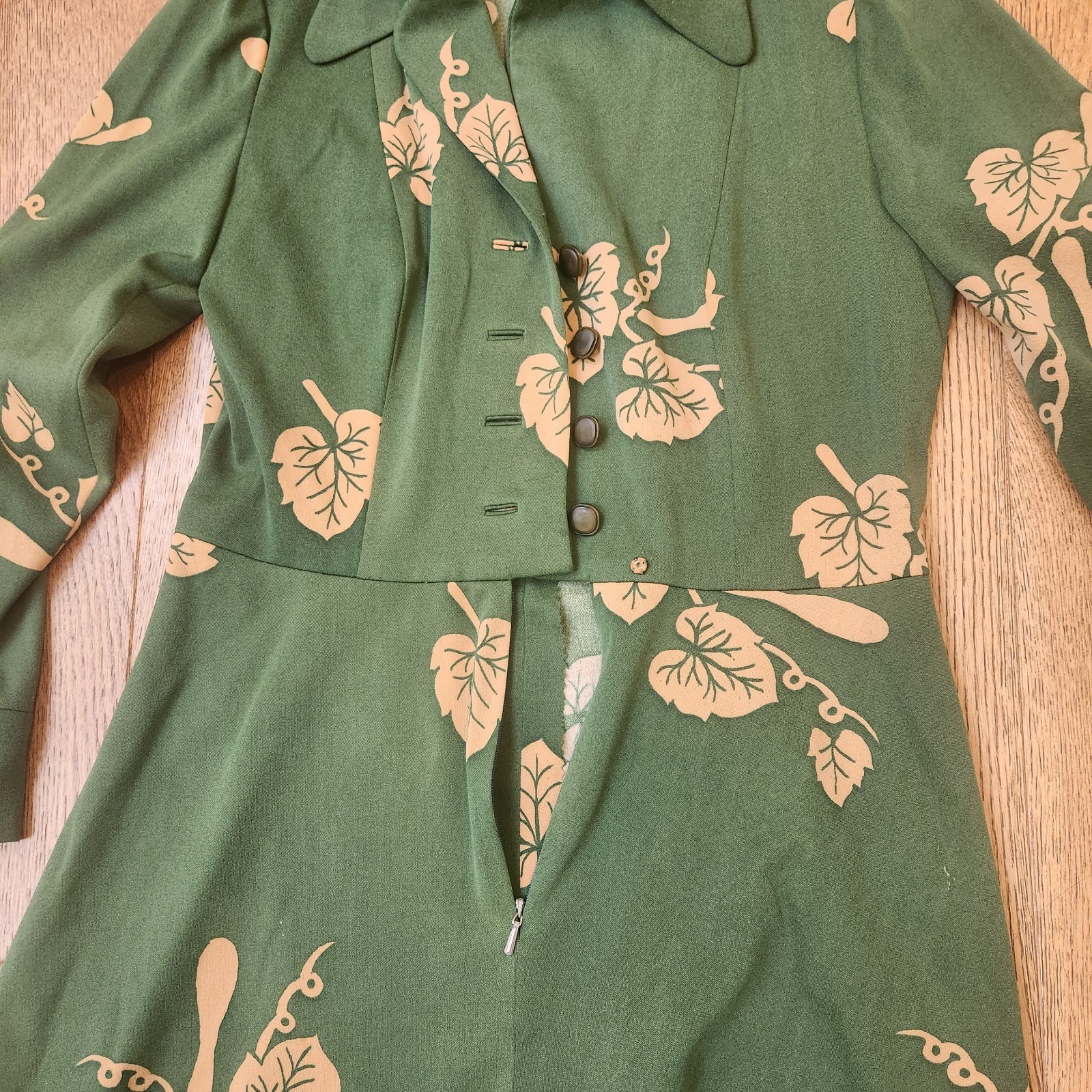 Vtg Handmade Dress Botanical Leaf Green 1970s 80’s Full Length Size 6