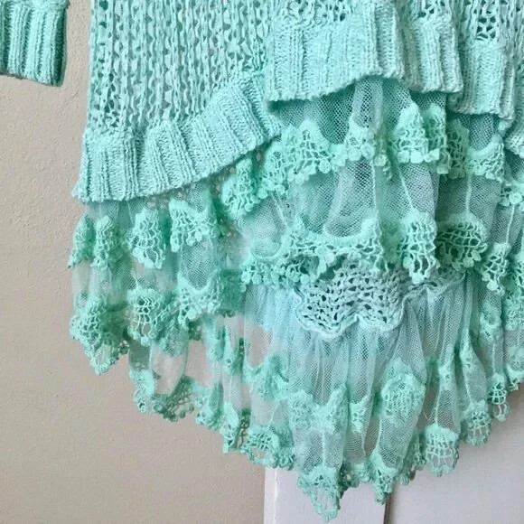 Vintage 80s Knit and Lace Cover Up Pullover Long Top | Size M