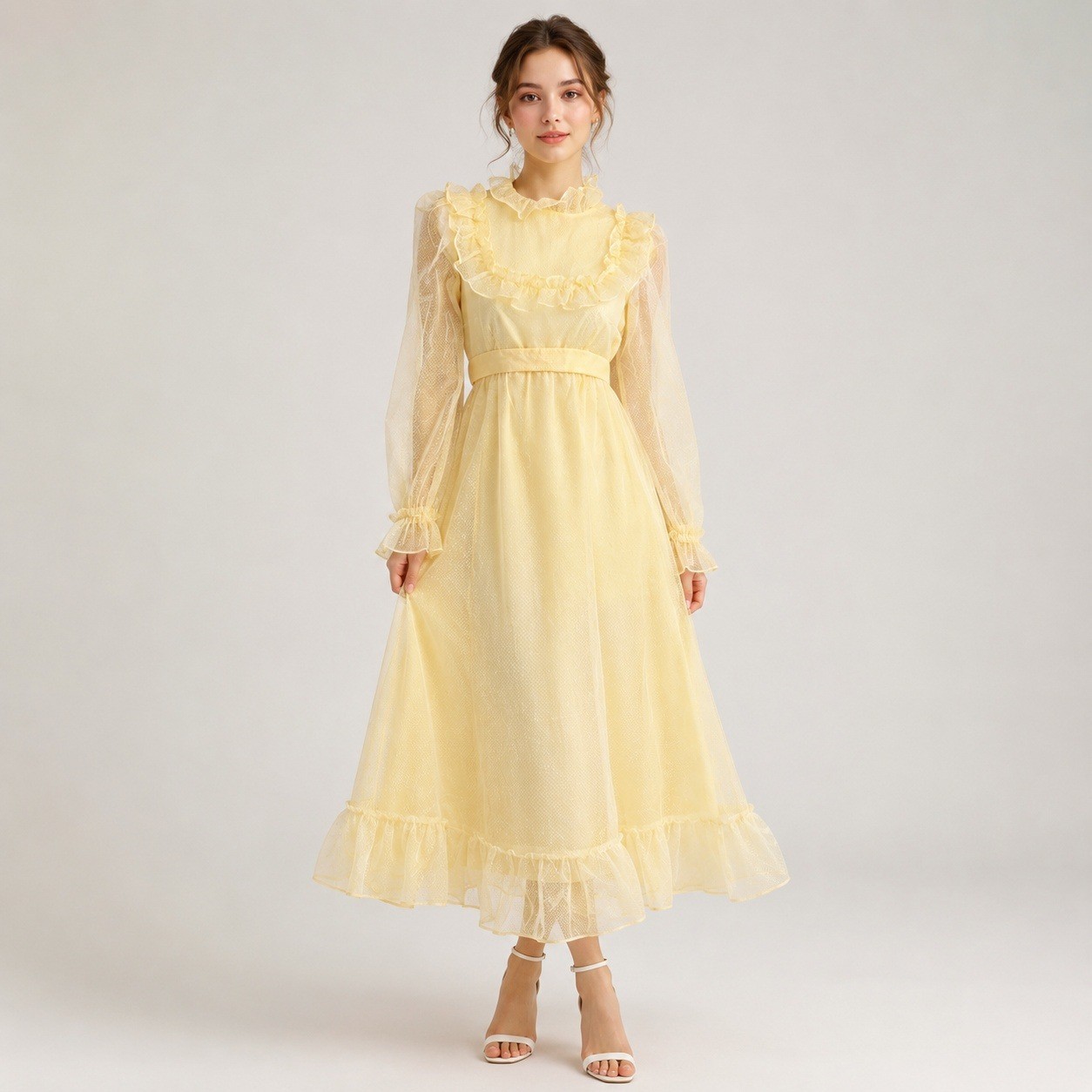 70s Swiss Dot Yellow Maxi Dress Cottagecore Prairie Point d’Esprit Ruffle Trim