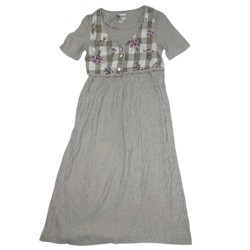 Vintage Grunge 90s Gingham Floral Faux Vest Maxi Dress Gray Purple Size 8
