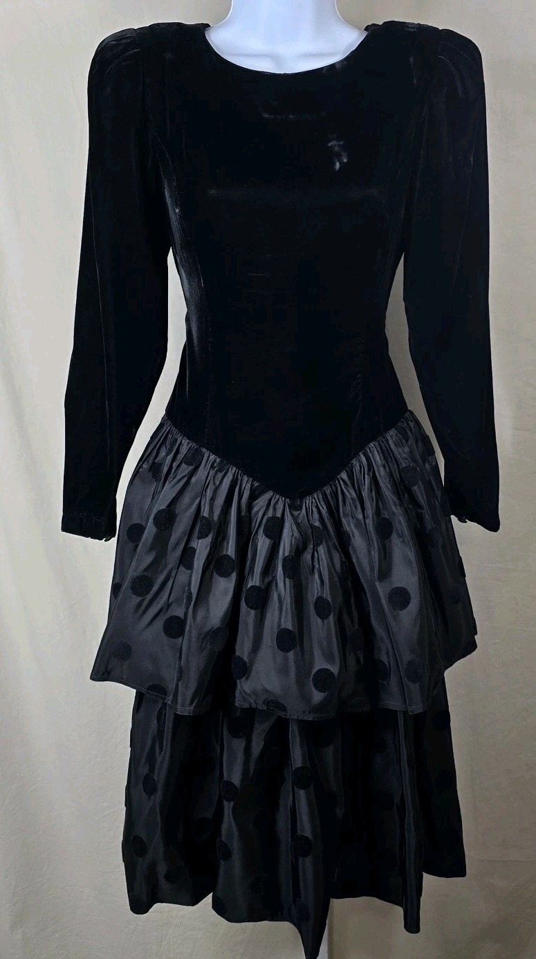VTG Donna Morgan Party Dress 5/6 Black Velvet Top Ruffle Tiered Taffeta Skirt