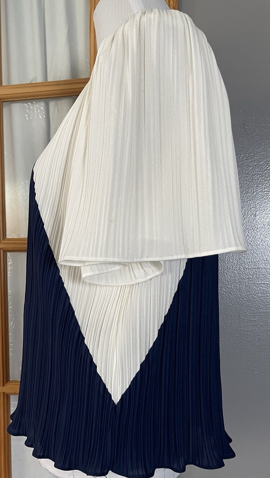 Vtg 70s Pleated Accordion Blouse Sz 16 Navy White Colorblock Career Classic City