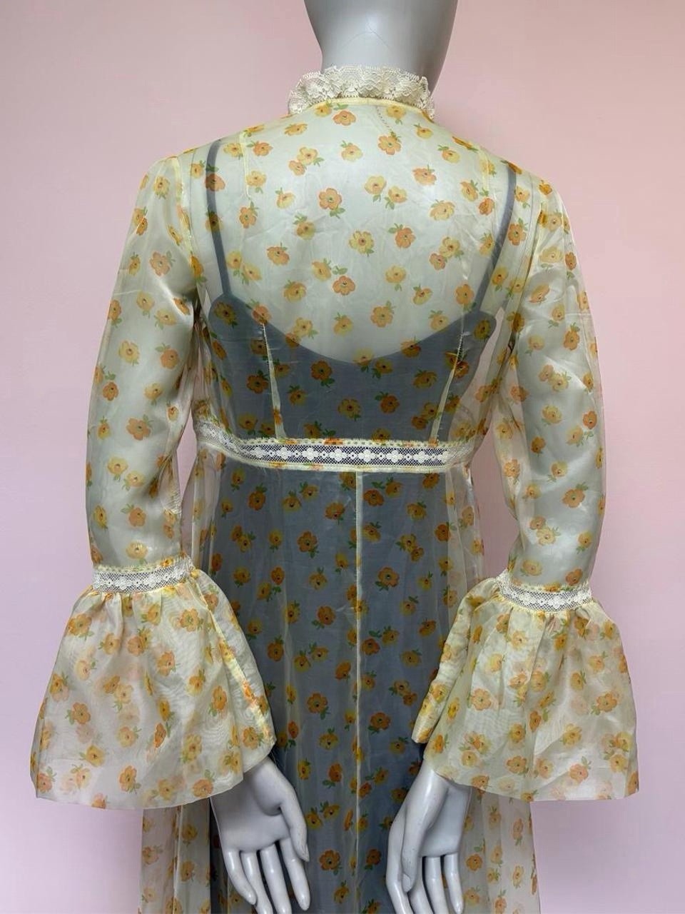 Vintage 70s Sheer Floral Maxi Hostess Gown Duster Dress Prairie Bell Sleeve S