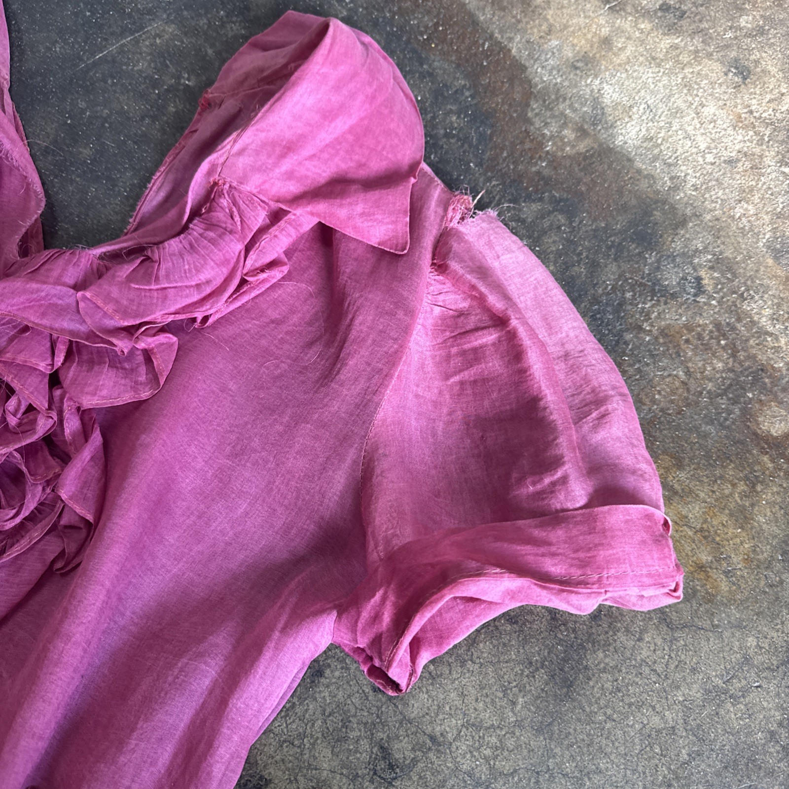 Vintage 1930s Pink Linen Blouse Ruffles Tie Belt Short Puff Sleeves Dress Top