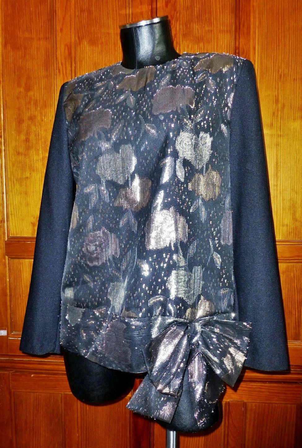 Vtg 80s Burnout Floral Eyelash Fringe Metallic BOW Evening dress BLOUSE TOP