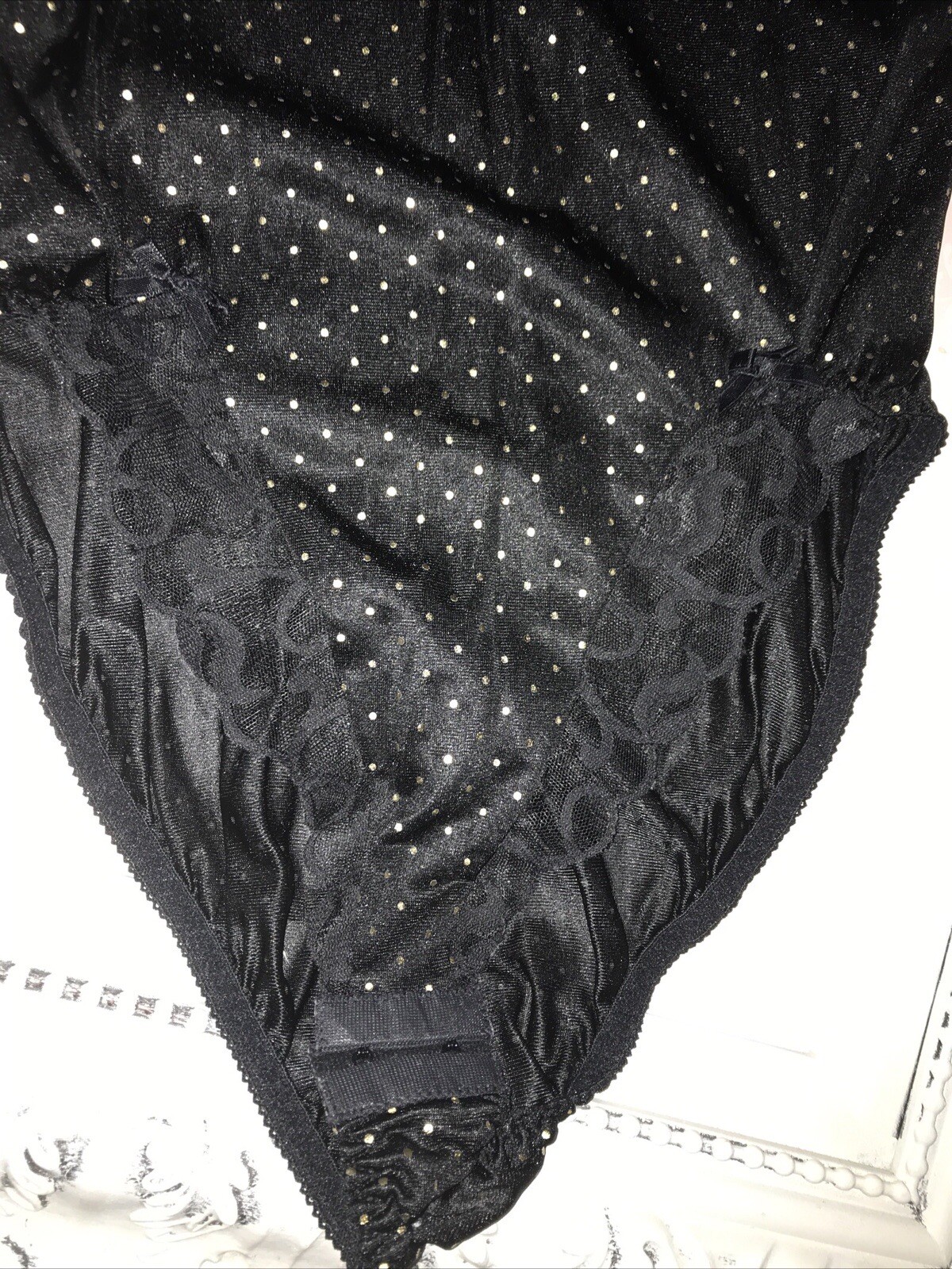 Vintage Teddy ROMPER Bodysuit ROMANTIC FASHIONS~stretch BLACK/GOLD DOT WOMANS M