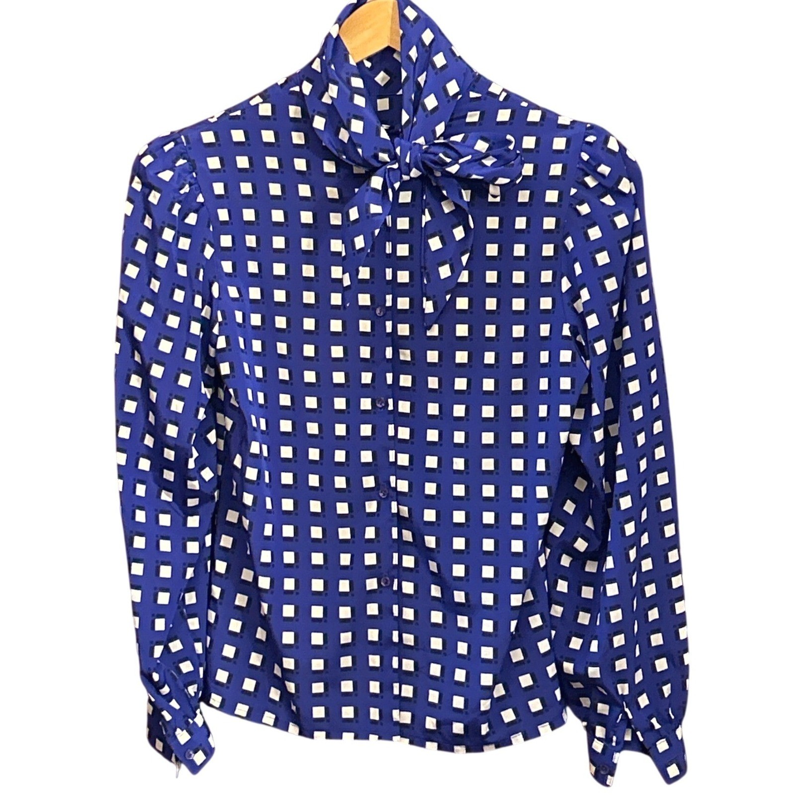 80s Kaki Roberts Blouse Secretary Core Geometric Retro Tie Neck Maximalist