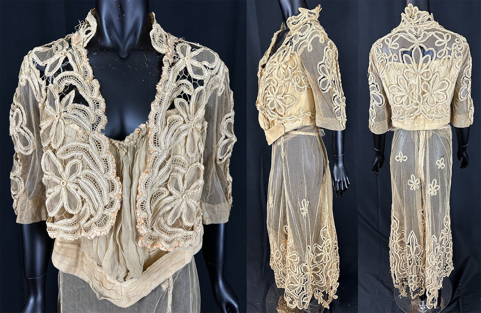 Victorian Antique Ivory Cream Battenburg Bobbin Tape Lace Net Bodice Skirt Dress