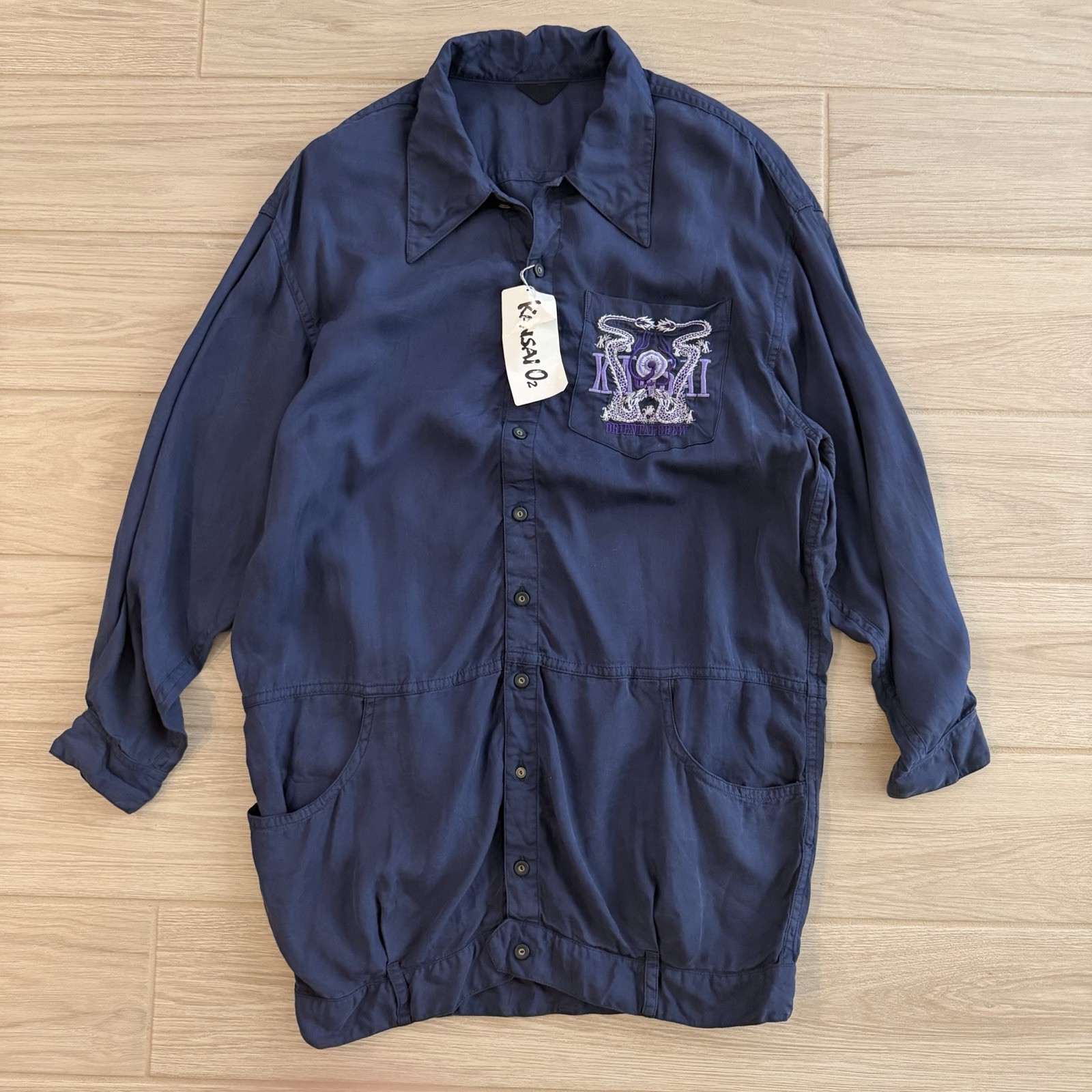 KANSAI YAMAMOTO KANSAI O2 ‘Navy’ EMBROIDERED LONG SLEEVED SHIRT DRESS SIZE F2