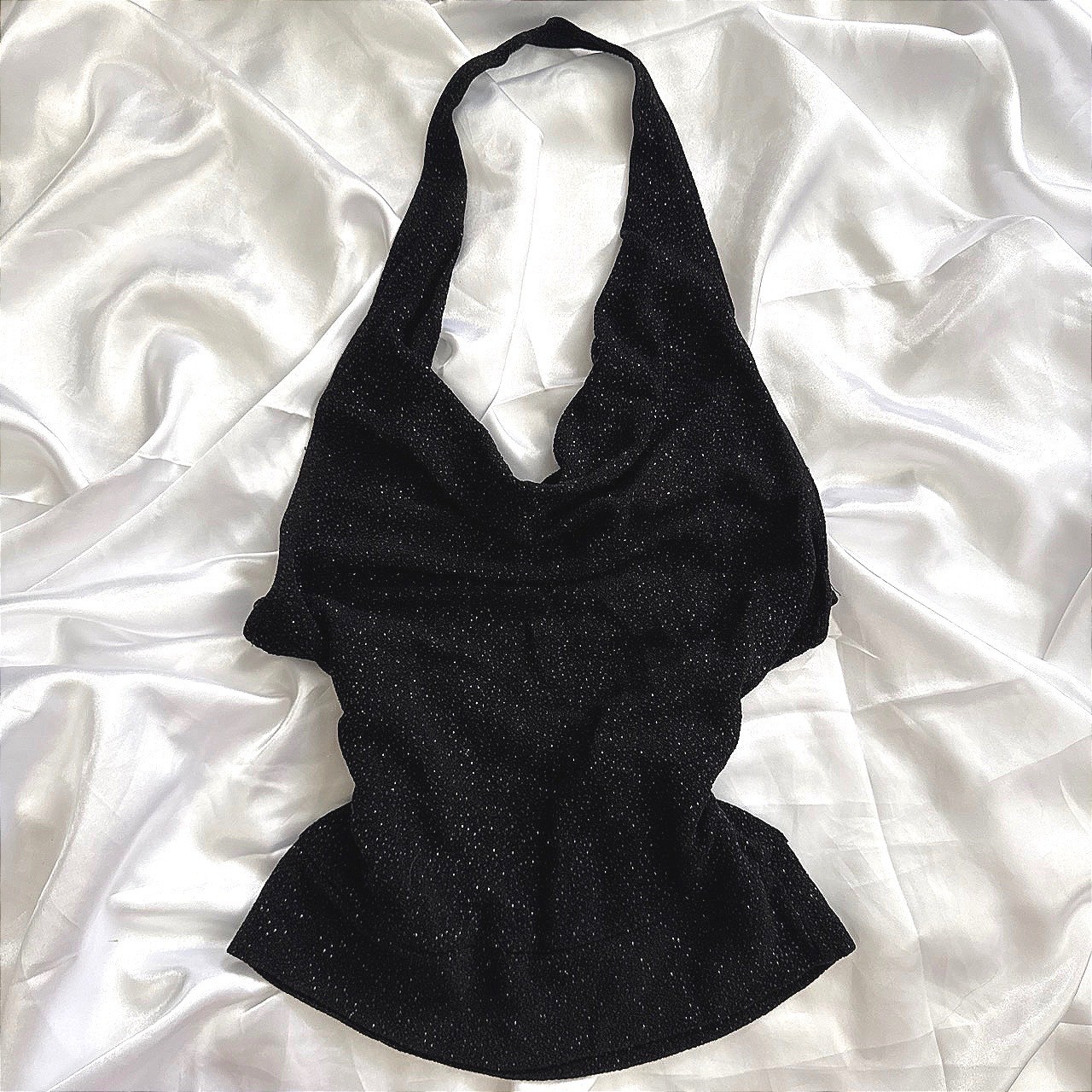 Vintage Wet Seal Black Glitter Halter Top Cowl Neck Backless Y2K Small