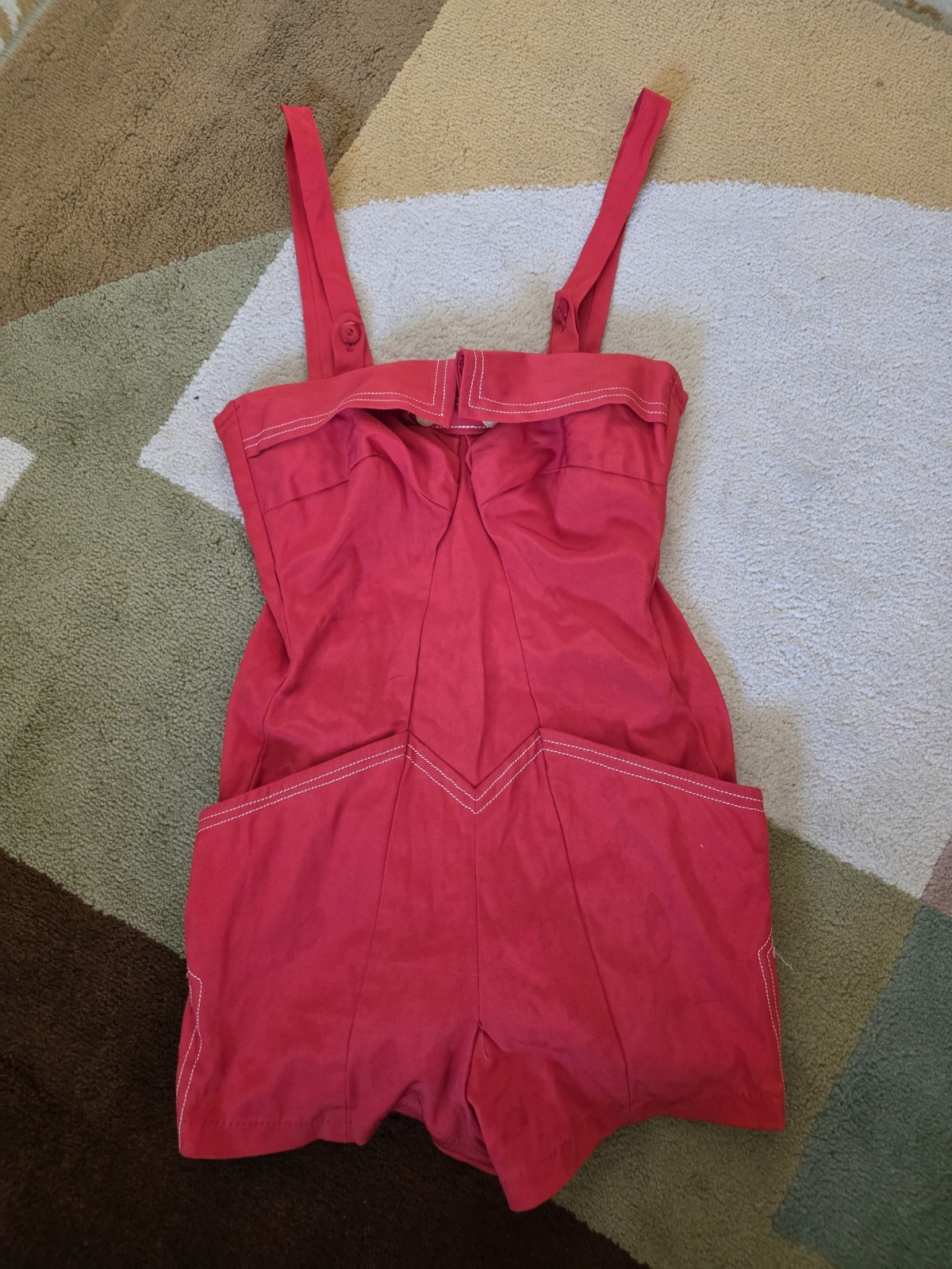 DeWeese Design Vintage Size 32 Swim Suit Play Clothes Red Romper With Pockets