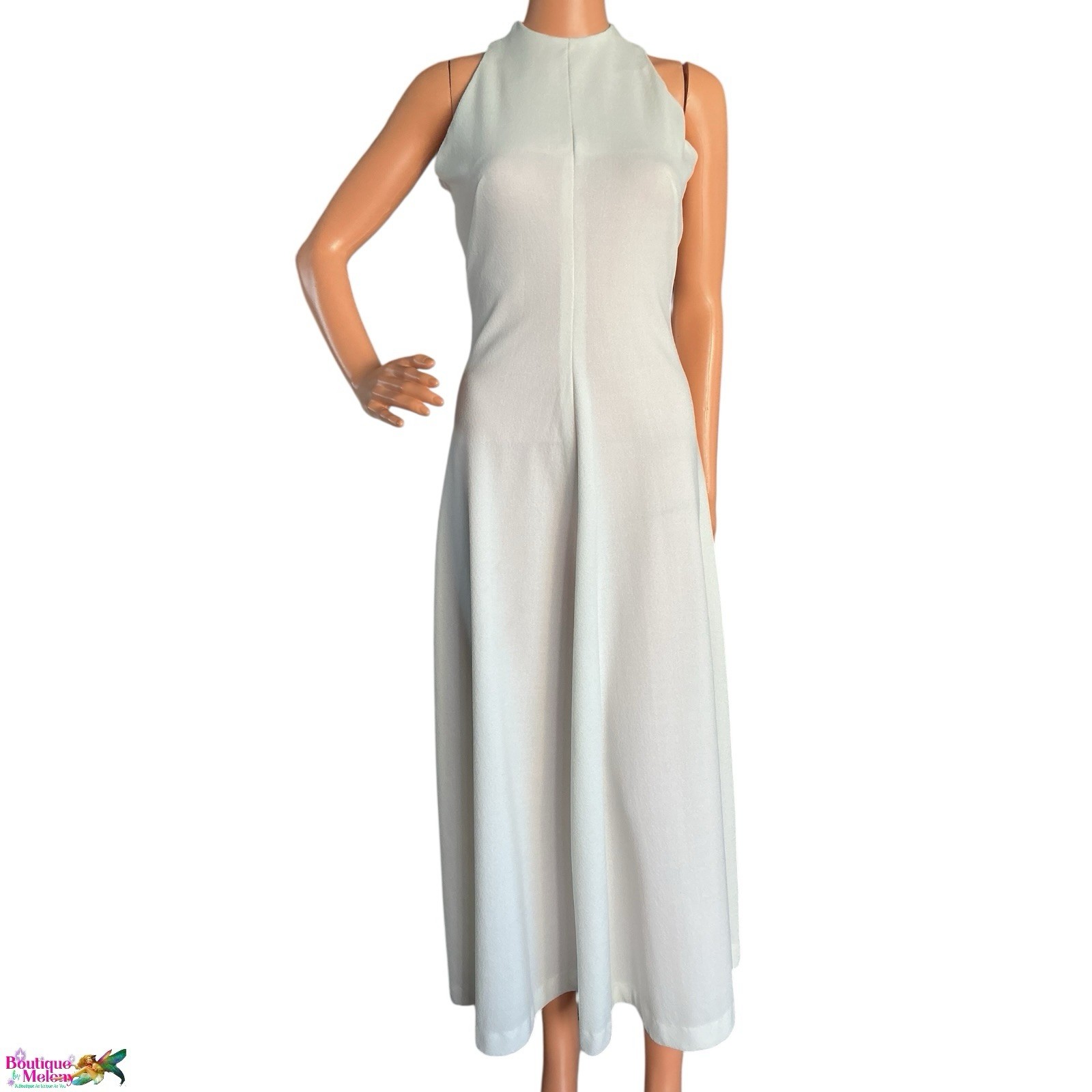 Minimalist White Crepe Knit Midi Dress Sleeveless High Neck A Line Stretch