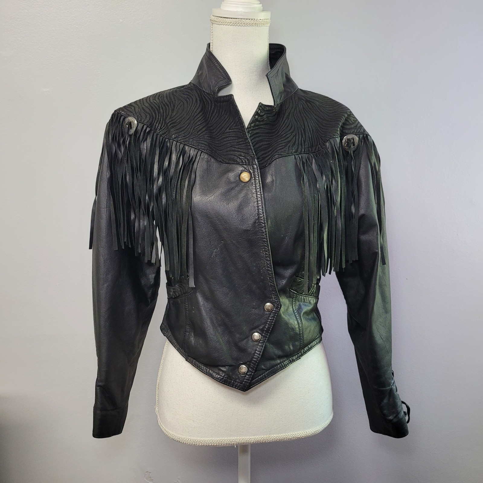 Vintage Black Leather Fringe Western Jacket Zebra Embossed Concho Cropped 90s
