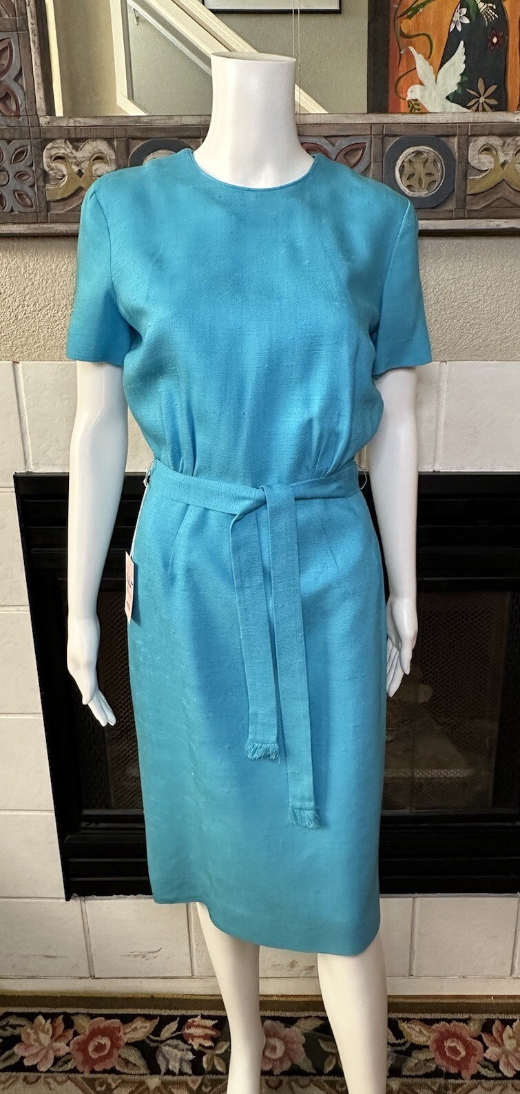 Vtg Galant Dress w/tag belted rayon turquoise Circ 1980s armpit to armpit 18″