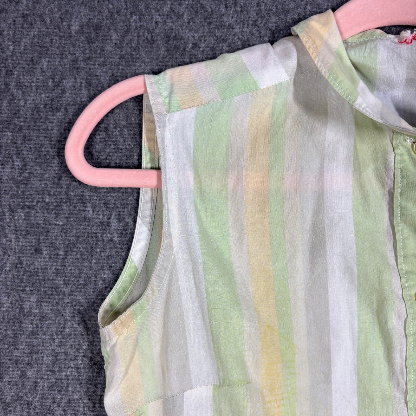 Vintage 50s 60s Striped Button Down Top Pastel Green Yellow Broadcloth USA