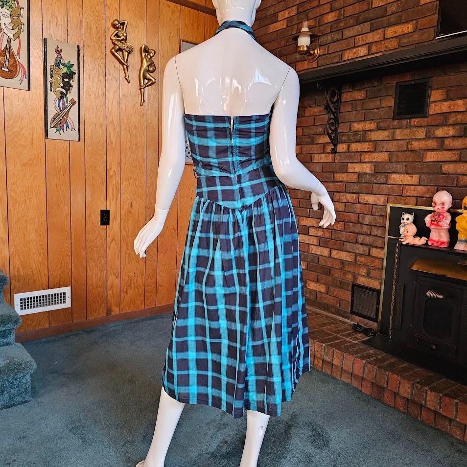 Vtg 1950s Shelf Bust Halter Windowpane Plaid Rockabilly Sundress Day Dress XS/S