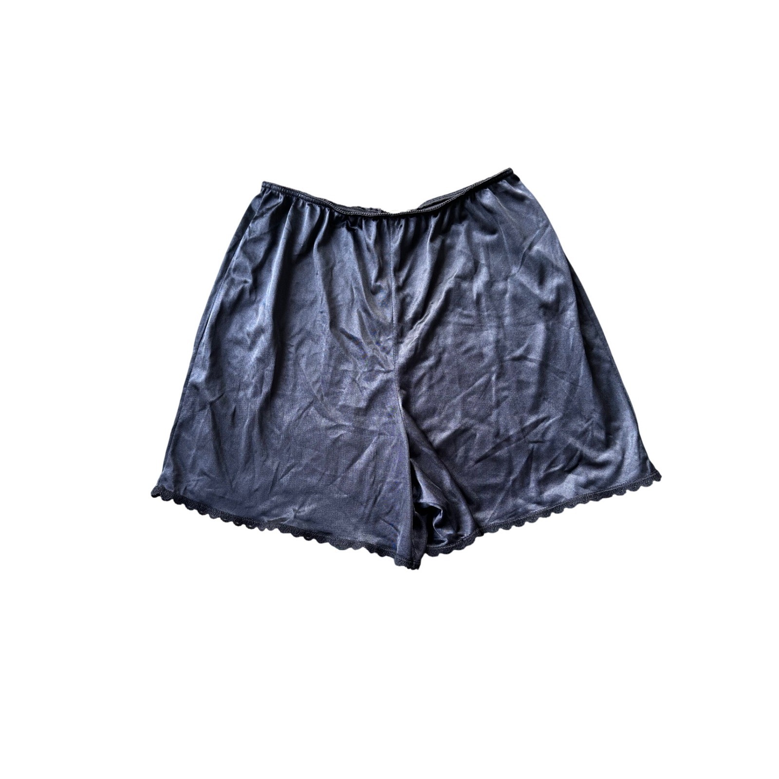 Vintage Black Satin Tap Pants Lace Trim Elastic Waist Lounge Shorts Lingerie